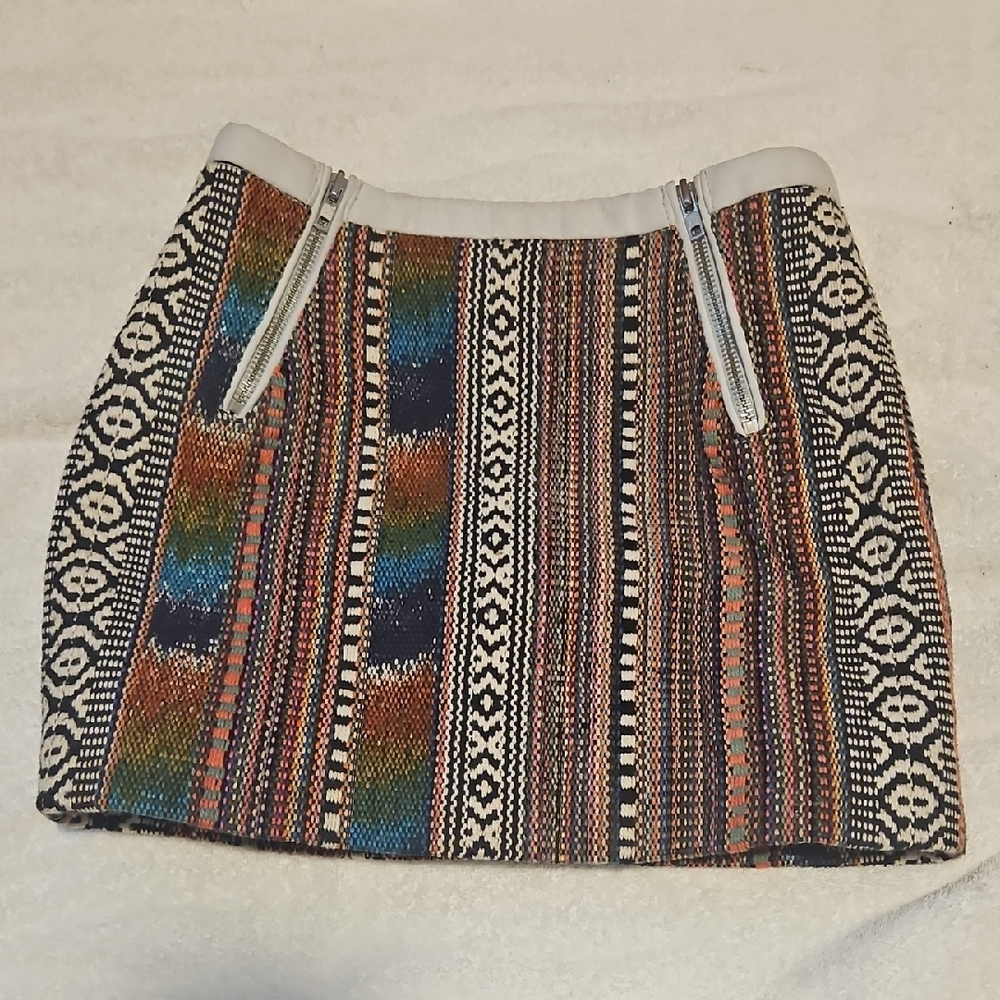 Maje Multicolor Tapestry Leather Trim Mini Skirt with Zip Pockets Sz XS